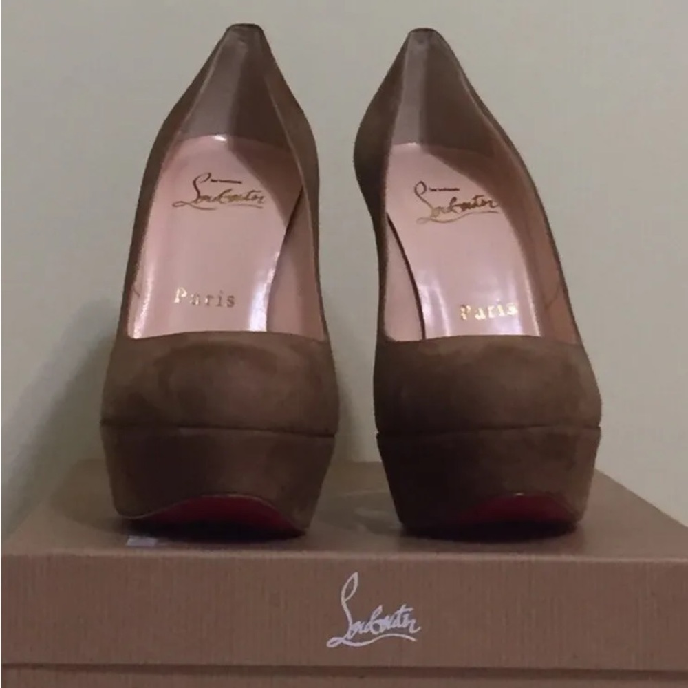 CHRISTIAN LOUBOUTIN BIBI camel beige suede platform red sole pumps heels 34.5 - Picture 8 of 9